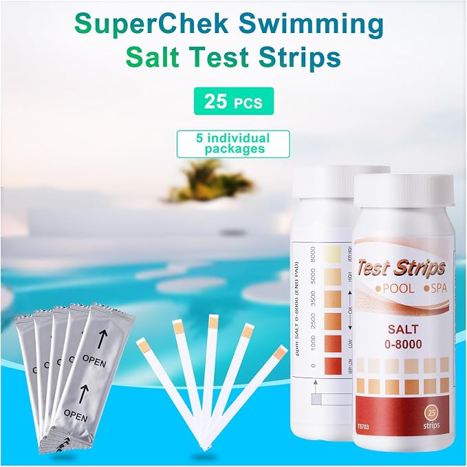 SuperCheck Salt Test Strips for Testing Sodium Chloride Content in Pool and Spa, 0-8000 ppm, Saltwater Pool Test Strips, Measure Salt Level in Saltwater Chlorine Generator Pool System, Salt Test Kits