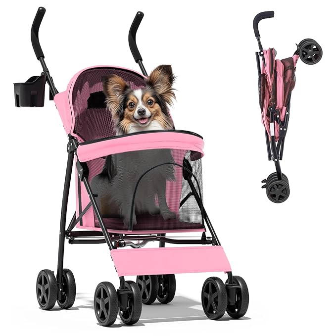 Magshion Compact Pet Stroller for Small-Medium Dogs/Cats up to 22lbs, 4-Wheel Lightweight Umbrella Shaped Portable Puppy Travel Jogger with Breathable Mesh & Rear Storage, Pink