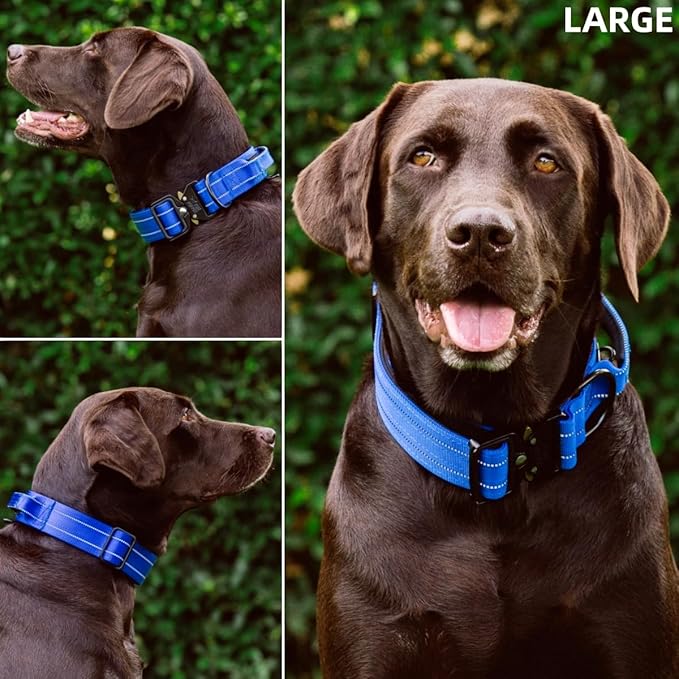 Tuff Pupper Tactical Dog Collar | Heavy Duty 1.5" Wide Ballistic Nylon | Training Control Handle | Quick-Release Metal Buckle | Reflective Bands | ID Tag Holder | Padded Inner Lining (Blue, Large)