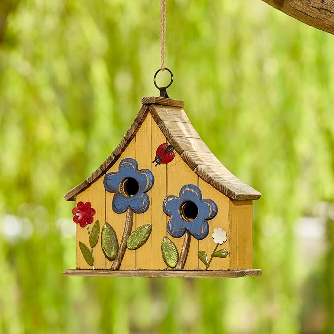 Glitzhome Bird Houses for Outside, 10.75" L Distressed Solid Wood Hanging Birdhouse with 3D Flowers Rustic Two-Story Townhouse Hand-Painted Garden Bird Houses for Outdoors,Washed Yellow