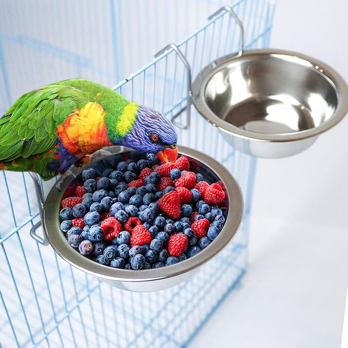 2PCS Bird Feeder Birds Bowls Bird Feeder Dish Cup Stainless Steel Dishes Coop Cups with Wire Hook Stainless Steel Parrot Food Bowl Feeding Coop Cups for Parakeet Lovebird