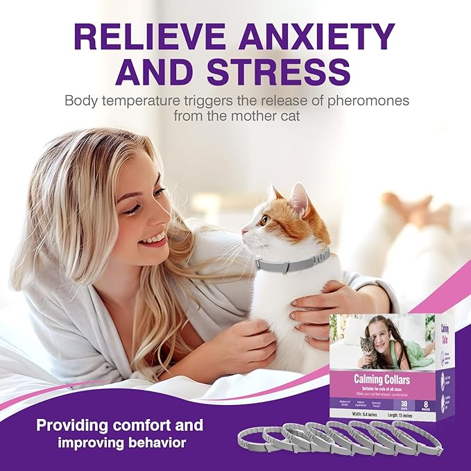 Tcllka Calming Collar for Cats 8 PK Cat Stress and Anxiety Relief Pheromone Calming Collar for Cats Anti Aggression for Cats Collar for Cats Anti Aggression for Cats Cat Calming Collars