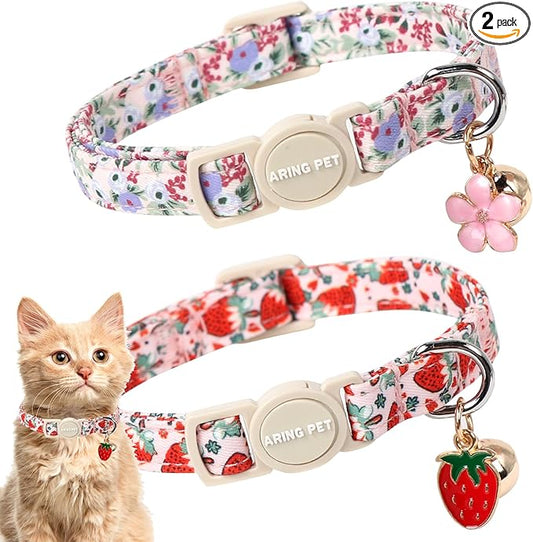 ARING PET 2 Pack Cat Collar-Cute Kitty Collars with Bell & Pendant, Adjustable Floral&Strawberry Kitten Collars with Safety Buckle for Girl and Boy Pets