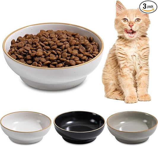 Cat Bowl 3 Pack, Pet Plate, Premium Ceramic Food Grade Pet Bowl Suitable for Dry and Wet Food, 5 in Feeding Indoor Cats, Kittens and Small Dogs, Dishwasher Safe (Black White Gray)
