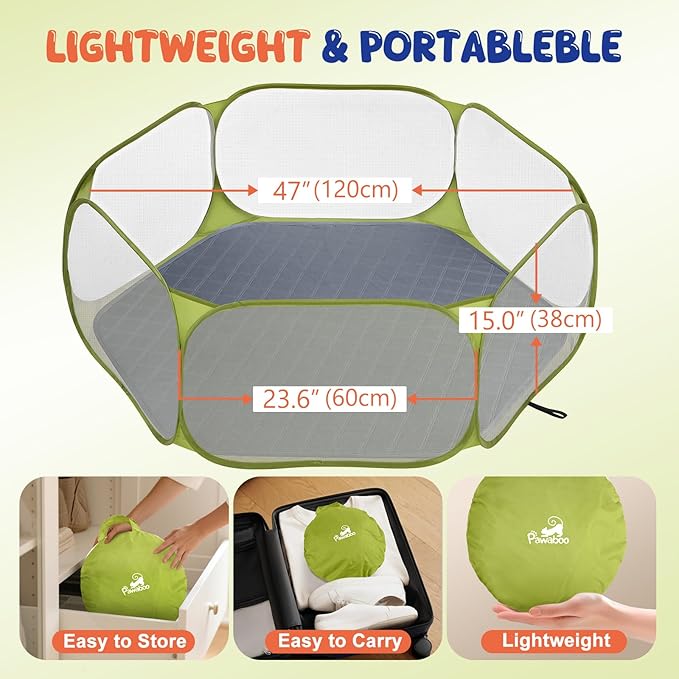 Pawaboo Small Animals Playpen with Pad, Waterproof Small Pet Cage Tent with Reusable Pad, Portable Outdoor Yard Fence for Chick/Kitten/Puppy/Guinea Pig/Rabbits/Chinchillas, Green + Grey