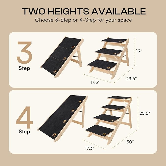 Luciphia Wooden Dog Stairs for Small Dogs 2-in-1 Foldable Dog Steps for Beds Cars Couch Anti-Slip Pet Ramp with 4 Steps Indoor Pet Stairs for Medium Large Older Pets Cats up to 220lbs