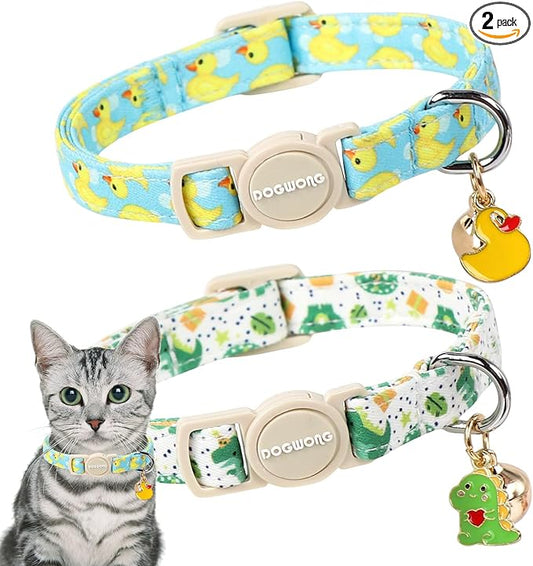 2 Pack Summer Duck Dinosaur Cat Collars Breakaway with Bell, DOGWONG Safety Buckle Duck Cat Collar for Girl Boy Cats，Adjustable 7-12 Inch