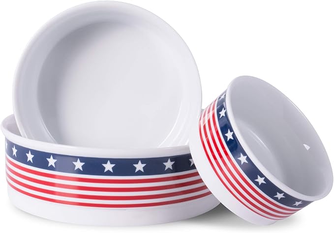Bone Dry Ceramic Food & Water Bowls for Pets Non-Slip for Secure, Less Messy Feeding, Microwave & Dishwasher Safe, Single Dish Large, 7.5x2.4", Red White & Blue