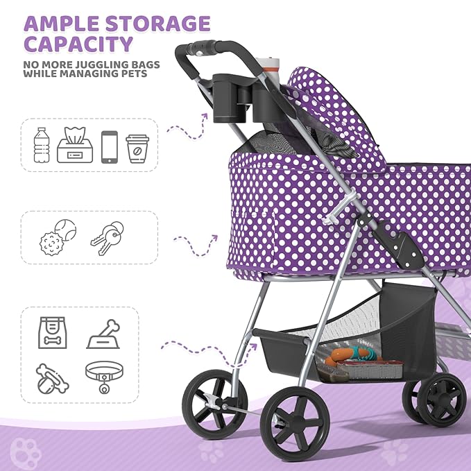 Magshion Foldable Pet Stroller, 3-in-1 Dog Travel Jogger with Detachable Carrier, Cup Holder, Storage Basket, Folding Carrier for Small/Medium Dogs & Cats Up to 33 lbs, Purple Polka Dots