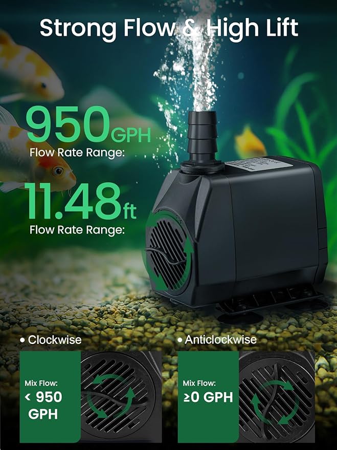 GROWNEER 950GPH Submersible Pump 50W Ultra Quiet Fountain Water Pump 3600L/H, with 9.8ft High Lift, 4 Nozzles for Aquarium, Fish Tank, Pond, Hydroponics, Statuary, Garden, Black (950GPH)