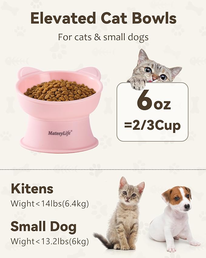 MateeyLife Raised Cat Bowls, Cat Food Bowl Elevated for Kittens & Small Dogs, 15°Tilted Protect Pets' Neck and Anti Vomiting, Whisker Friendly Food & Water Feeding Bowl, 6 oz Each - Pink