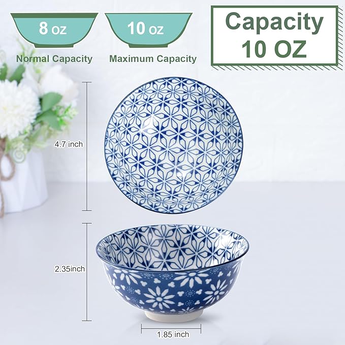 AntoKueh Blue and White Ceramic Bowls Set of 6, 10 oz Small Dessert bowl 4.7in for ice cream, Snack, Porcelain bowl for Dipping, Microwave & oven Safe