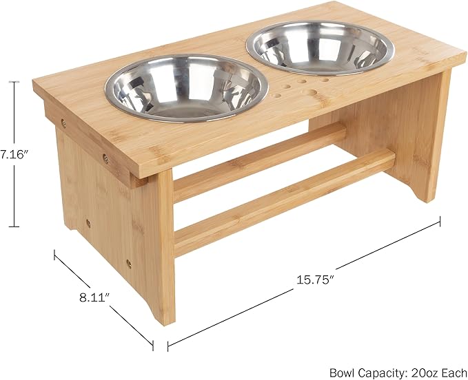 Elevated Dog Bowls with Stand - 7-Inch Nonslip Bamboo Dog Feeder with 2 Stainless-Steel Pet Bowls - Hold 20oz Each and Dishwasher Safe by PETMAKER