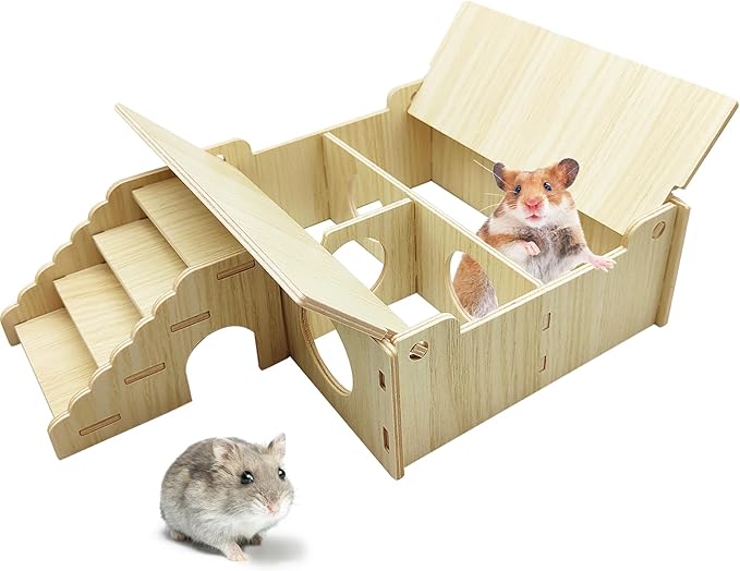 Wooden Hamster Hideout Tunnel Multi-Chamber House Hiding Hut Maze Platform Habitats Exploring Toys for Gerbil Rat Mice