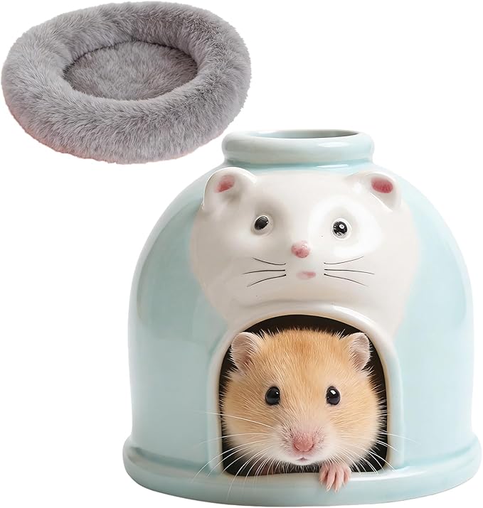 Ceramic Hamster Hideout Syrian Hamster House and Habitat Gerbil Hideaway Cooling Cave for Rat Mice Cage Decor Accessories (Blue)