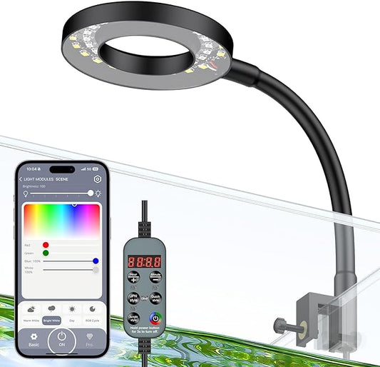 Pawfly Aquarium Light, 6 W Bluetooth Fish Tank Light, Full Spectrum Clip On Aquarium Lights for 1-5 Gallon Tanks, USB 24/7 LED Lights with Timer & Adjustable Brightness (Adapter Not Included)