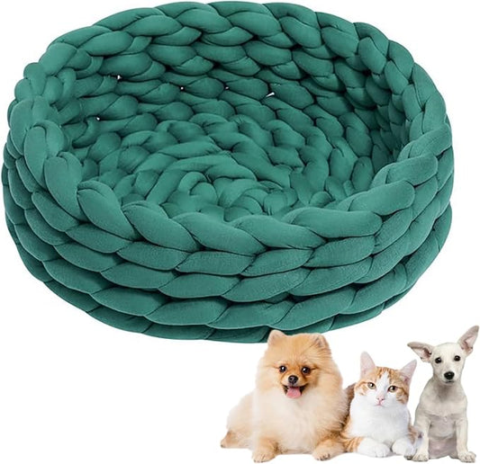 Woven Dog Bed Basket, Knitted Cotton Cat Bed Round Washable Woven Cat Pet Bed Chunky Dog Basket, Orthopedic, Chunky Knit Dog Nest,Dog Bed,Dog Cave,Dog Bedding(Green 1,19")