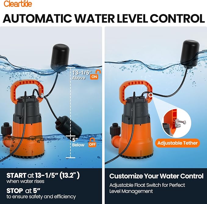 Cleartide Submersible Water Utility Pump with Float Switch, 8160 LPH High Flow,100% Copper Motor, Ideal for Yard and Flooded Cellar, Hot Tub, Garden Irrigation,10 FT Cord