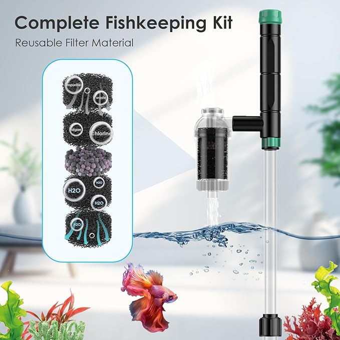 AKKEE Aquarium Vacuum Gravel Cleaner, 36W Electric Fish Tank Cleaner Vacuum, 8 in 1 Multifunctional Aquarium Cleaner for Automatic Water Change, Wash Sand, Water Circulation and Timed Off