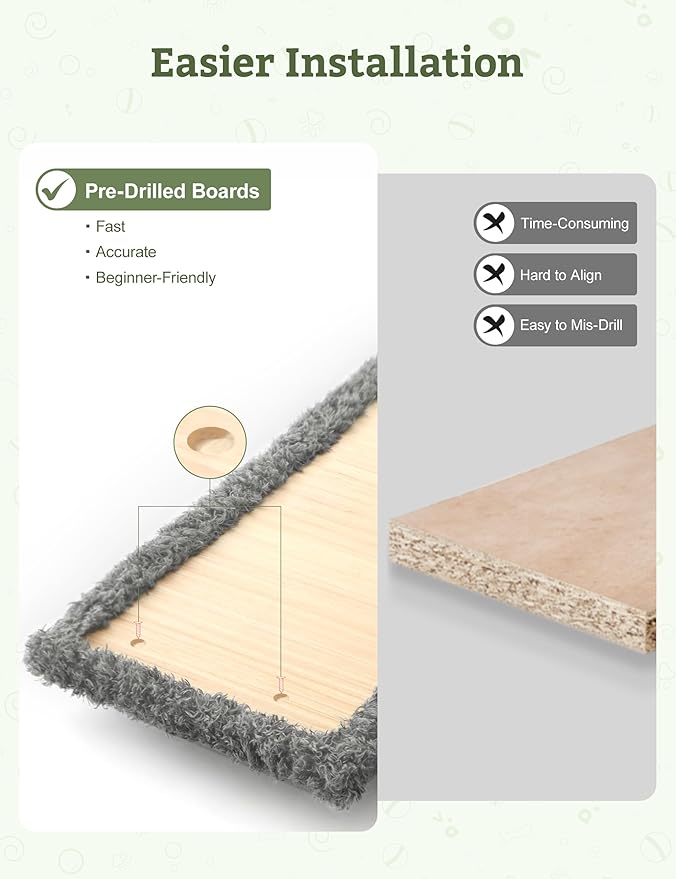 5-in-1 Cat Wall Shelves, Solid Wood & Velvet & Sisal Scratcher, 44lbs Max Load, Wall Mounted Cat Furniture for Climbers, Cat Climbing Wall System, Fits Drywall & Solid Walls - Light Gray