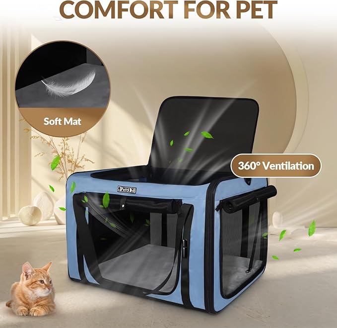 Petskd 26"x17"x17" Extra Large Cat Carrier with Litter Box for Large Cat or 2 Small Cats under 55LBS, Collapsible Soft Sided Pet Carrier for Car Travel with Seat Belt Buckles and Locking Zippers(Blue)