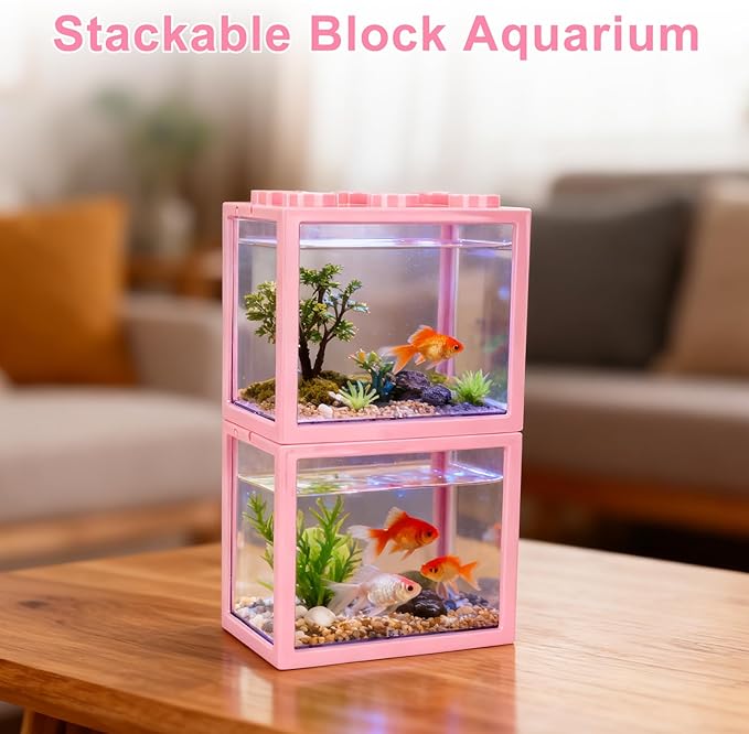 2 PCS Small Betta Fish Tank, 0.6 Gallon Mini Aquarium Tank, Pink Cube Fish Bowl, Desktop Stackable Tank for Small Fish, Insect, Shrimp, Turtle, Spider