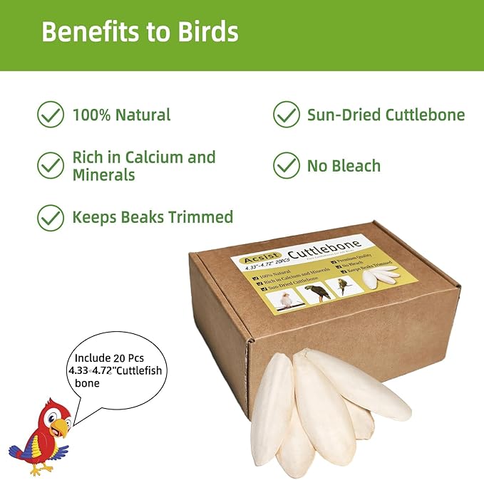 4.3"-4.7" Cuttlebone for Birds,Parakeets Cuddle Bone Beak Trimming,Premium Calcium Natural Cuttlefish Bone for Parrot,Cockatiel,Budgie,Tortoise, Snails,Reptiles,20 Pcs