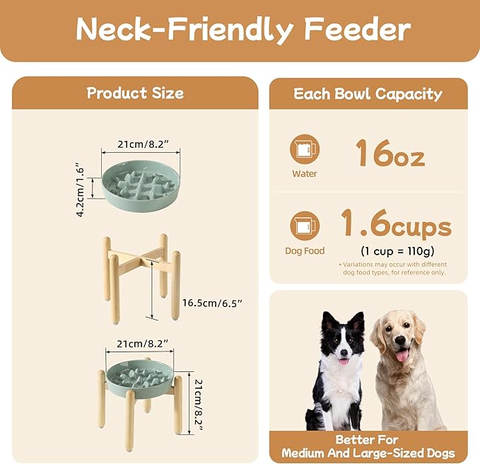 Havniva Ceramic 1.6 Cup Dog Raised Slow Feeder Set, Elevated Bowl with Wooden Stand for Medium and Large Dog, 8.2inch Slow Feeder Dish for Fast Easters, Anti-Gulping(Light Green, Single Bowl+ Stand)