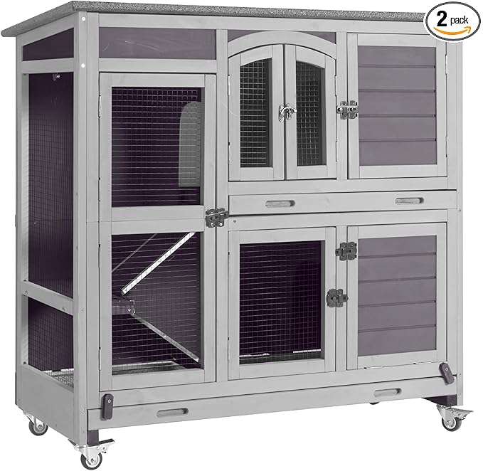 Aivituvin Two Story Rabbit Hutch Bunny Cage with Wheels, Indoor Outdoor Guinea Pig Cage with 2 Deep No Leak Tray