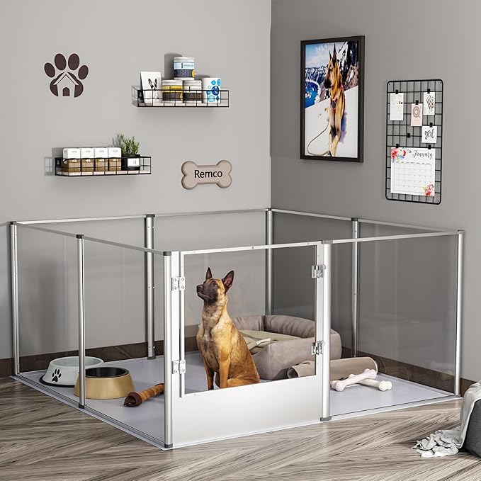 BingoPaw Clear Dog Playpen Fence: 32” Extra Tall Indoor Doggy Acrylic Pen Made by Metal Frame - 52”x52” Transparent Pet Whelping Box with Waterproof Bottom