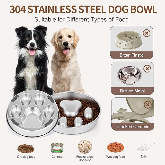 Slow Feeder Dog Bowl for Fast Eating Dogs Stainless Steel 8.2" with Non-Slip Base, Raised Obstacle Slow Down Eating for Small Medium Large Dogs, Reduces Bloat & Indigestion, Dishwasher Safe