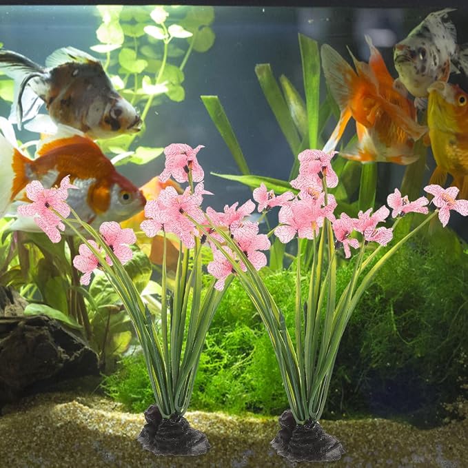 BESTonZON 2Pcs Soft Betta Fish Accessories for Small Desktop Tank, Realistic Artificial Water Flora Landscape Decorations with Weighted Rock Base