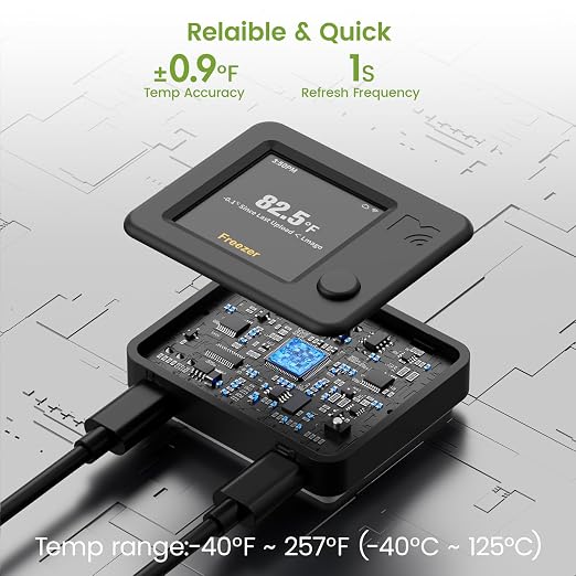 WiFi Freezer Alarm Refrigerator Thermometer, App & Email Alerts | Garage, deep & chest freezer alarm, Still alerts on power outage or WiFi loss, +/-0.9F at -40F, Flat door-seal probe, No hub