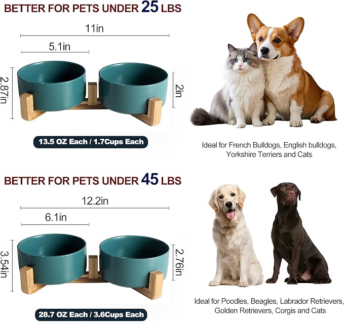 Ceramic Dog and Cat Bowls with Wooden Stand, Modern Design Pet Food and Water Dishes Set for Medium and Large Dogs, Non-Slip Feeding Station with Weighted Base, Green, 28.7 oz - Set of 2