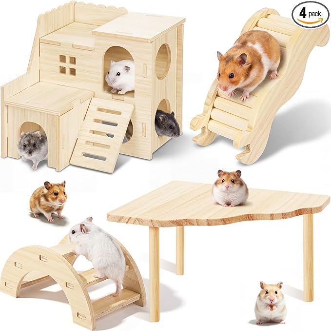 BreezeHug 4 Pcs Hamster Platform Hideout Wooden Tunnel Ladder Playhouse Hamster Game Climbing Toy with Platform Cage Accessories for Pets Dwarf Syrian Mice Degus Gerbils Squirrel(Villa)
