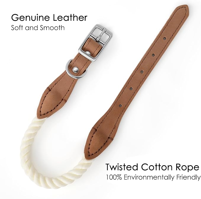 Mile High Life Genuine Leather Dog Collar, Durable Braided Cotton Rope Collar with Metal Pin Buckle for Small Medium Large Dogs (Cream, L Neck 17"-21")