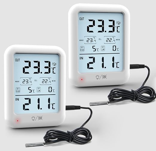 2Packs Digital Freezer Thermometer Fridge Temperature with Alarm, Backlight, Magnet, Power On/Off, Max/Min Temperature for Home, Restaurants, RV, External Sensor, AAA Battery (2)