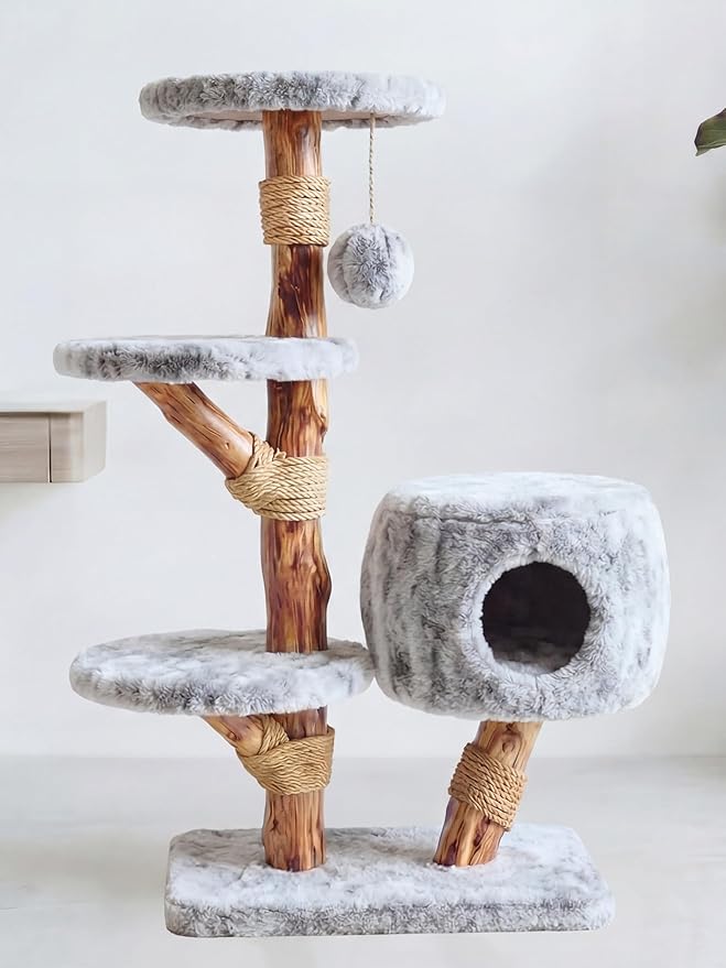 Leo & Lexi Modern Cat Tree Tower with Cave, Real Wood Cat Scratching Post with Bed for Indoor Cats Large Adult, Solid Wooden Climbing Tower, Aesthetic, Luxury Pet Furniture