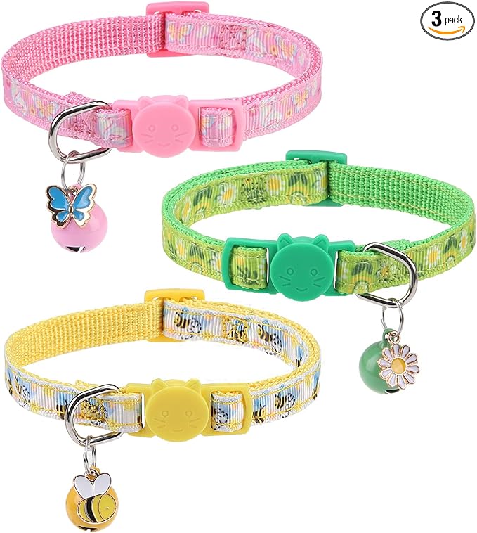 BINGPET Breakaway Cat Collar with Bell, 3 Pack Cat Collars for Girl Cats, Cute Kitty Collars Accessories with Butterfly & Flower & Bee