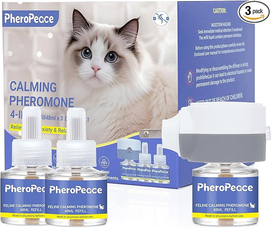 Cat Calming Diffuser Kit (1 Diffuser + 3 Refills, 48ml Each) Cat Pheromones Calming Diffuser for Multi-Cat Conflict, Urine Marking & Scratching