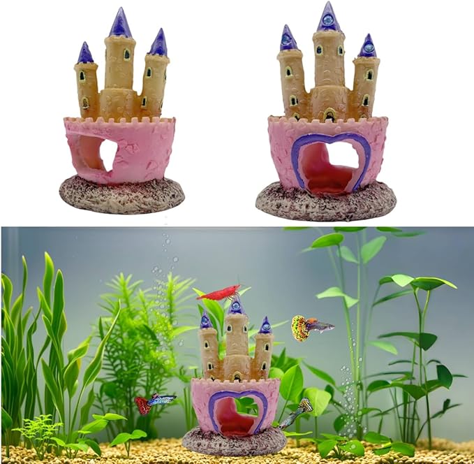 Small Cartoon Aquarium Castle Decor, Mini Cute Pink Castle Hide Cave Hideouts for Small Fishes Shrimp Crab Fish Larvaes Cichlid, Princess Style Castles Statue Birthday Party Table Decor - 11 x 8 cm
