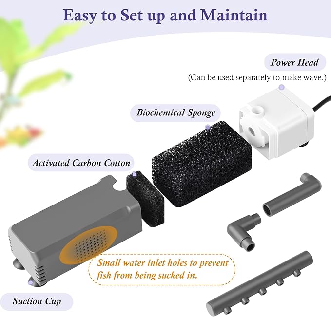 3W Mini Fish Tank Filter, 48GPH Quiet Aquarium Internal Filter 3-in-1 Submersible Fish Tank Filter Pump for 1-6Gal Betta/Fry/Shrimp Tanks
