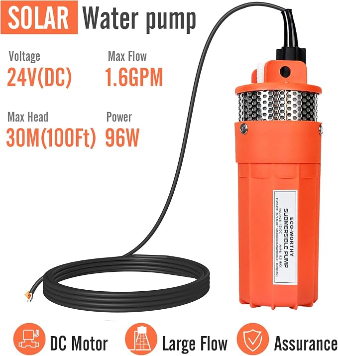 ECO-WORTHY 24V Submersible Deep Well Water Pump with 10ft Cable 1.6GPM 4'' 5A, Max Lift 230ft/70m, DC Pump/Alternative Energy Solar Battery Farm & Ranch Submersible Deep Well Pump