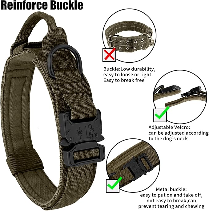 Tactical Dog Collar - Military Dog Collar, Adjustable Heavy Duty Metal Buckle Nylon Collar with Control Handle for Small Medium Large Dogs (Green, M)