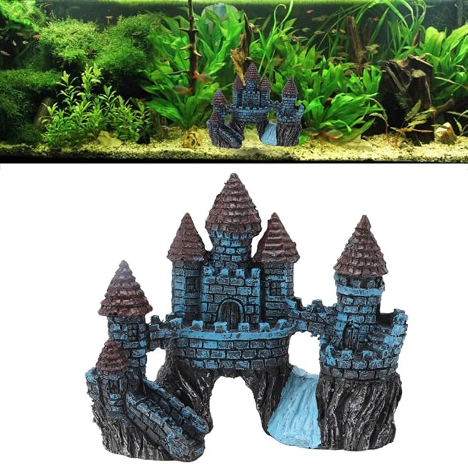 5.5 Inch Blue Resin Castle Fish Tank Ornament Vintage Simulation House Cave Hideouts Aquarium Fish Tank Decoration