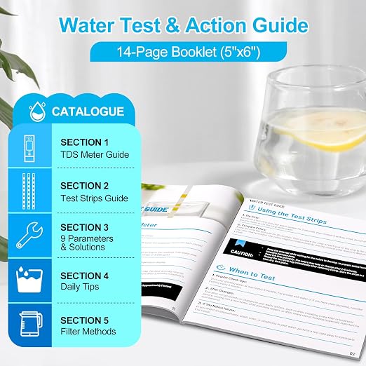 Water Test Kit - TDS Meter, 20 Test Strips (8 in 1), User Action Guide & 2 Record Sheets. Digital Water Tester for Home, Tap & Well Drinking Water.