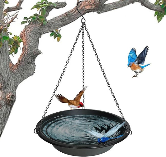 Hanging Bird Bath for Outdoors 11.4 inch Birdbath Bowl Window Birds Feeder with Rust-Proof Black Chains Hooks Metal BirdBaths Hanging Bird-Feeder for Garden Backyard Decor Metallic Black