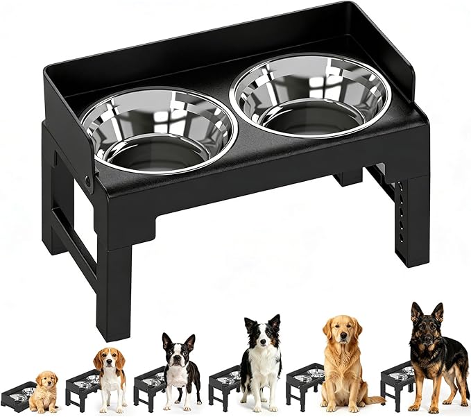 PAKEWAY Elevated Dog Bowls, Spill Proof, Tiltable Dog Feeder with 2 Stainless Steel Bowls, 6 Height Adjustable Raised Bowl