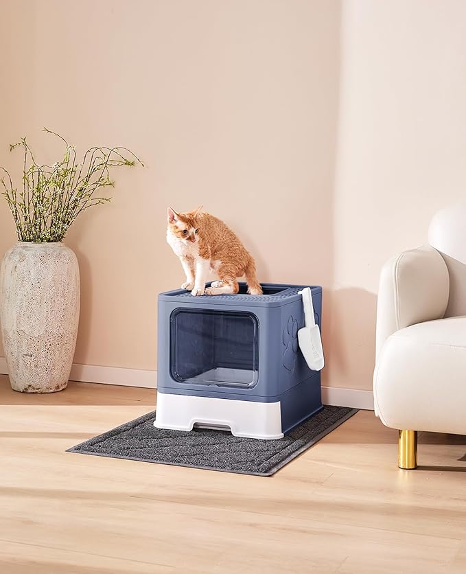 Medario Cat Litter Box with X-Large Litter Mat and Scoop, Large Covered Litter Box with Lid, Enclosed Kitty Box,Front Top Entry Exit, Odor Control Easy to Clean (Upgrade Midnight)