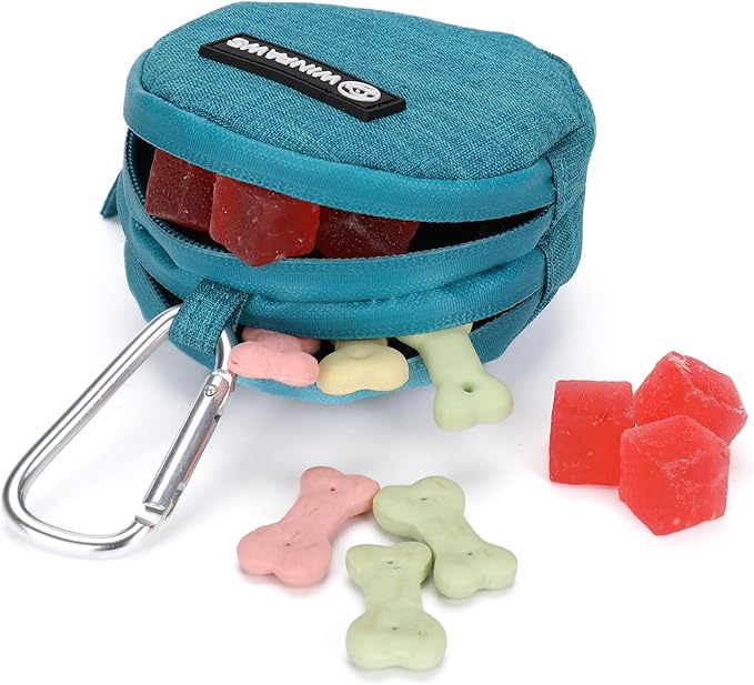 Dog Poop Bag Holder for Leashes- Dog Treat Pouch with Waterproof Zipper,Puppy Training Small Bag with Carabiner & Bungee Toggle,Two Pockets for Dry or Wet Treats-Pet Travel Walking Essentials (Green)